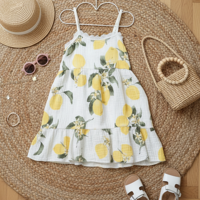 Robe d'été jaune citron en gaze de coton pour enfant