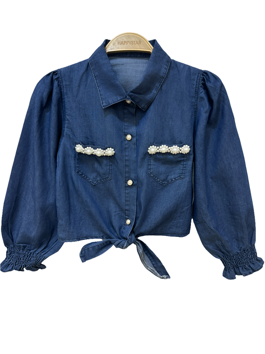 Chemise en jean ornée de perles pour filles
