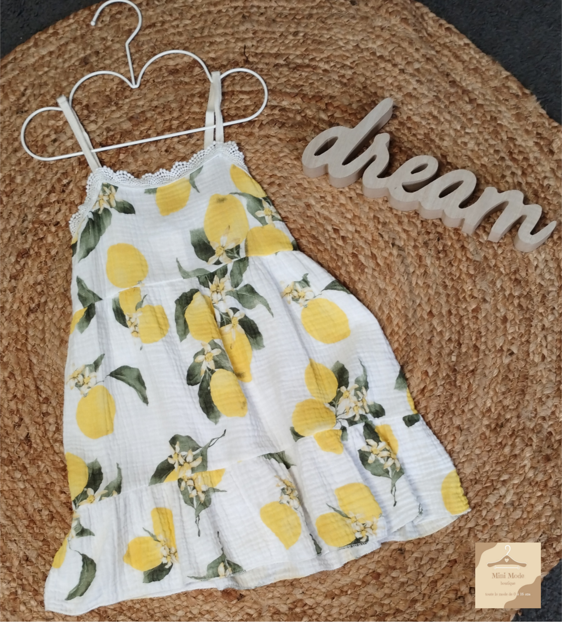Robe d'été jaune citron en gaze de coton pour enfant
