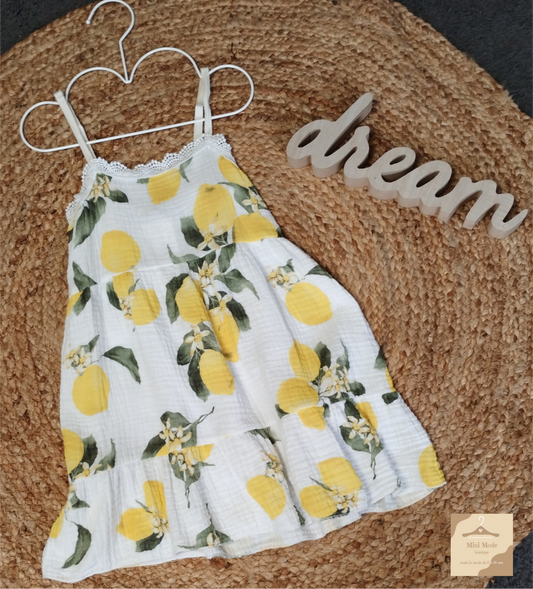 Robe d'été jaune citron en gaze de coton pour enfant
