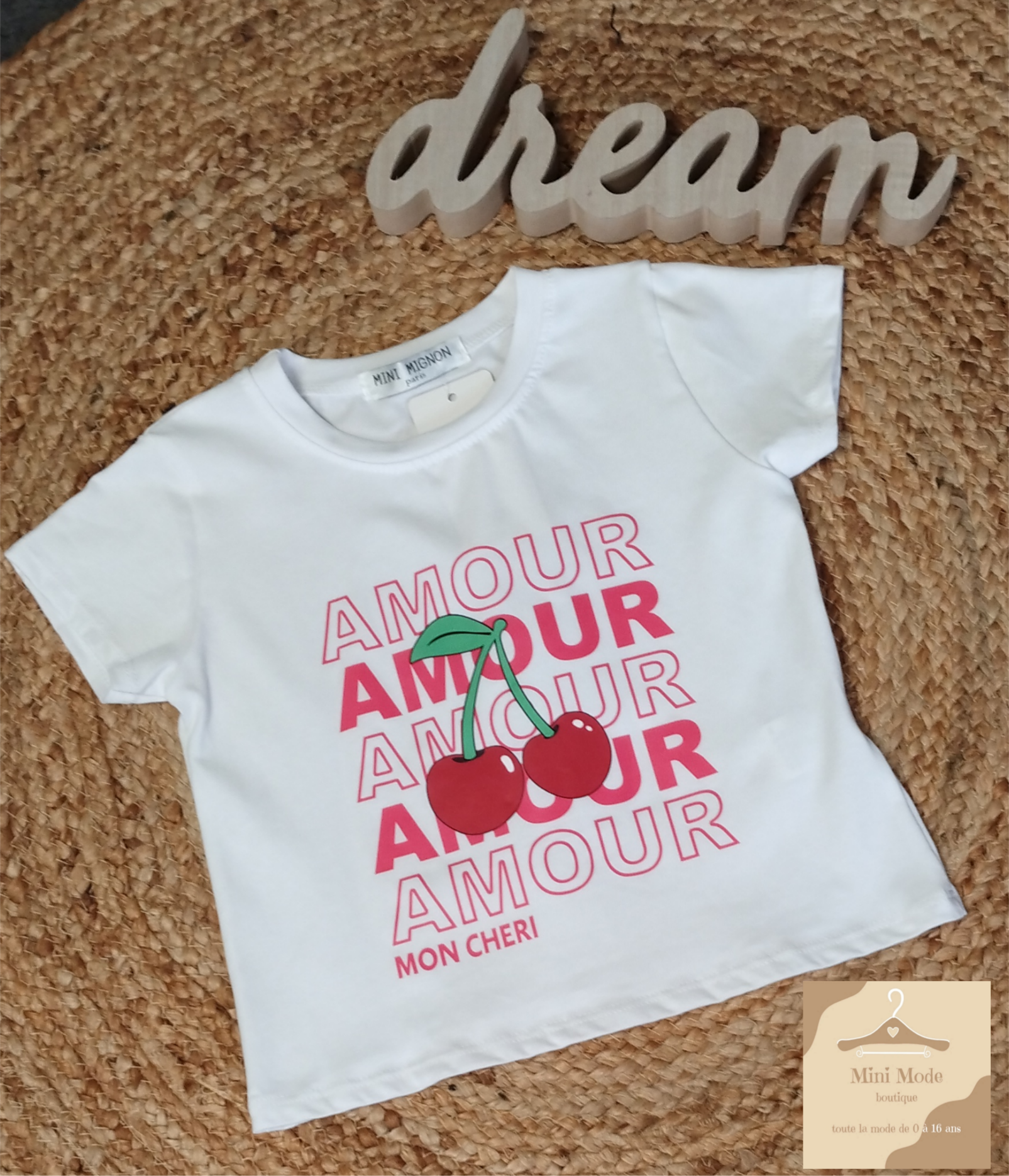 T-shirt blanc avec motif cerises rouges pour enfant - Mini Mode

