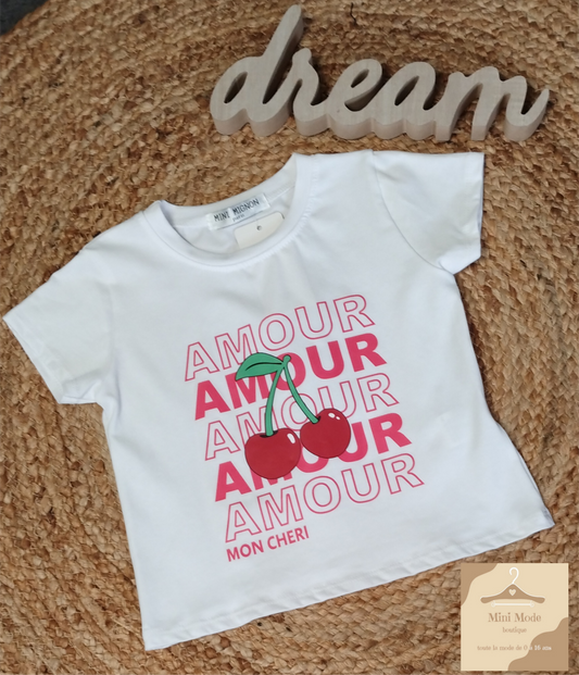T-shirt blanc avec motif cerises rouges pour enfant - Mini Mode
